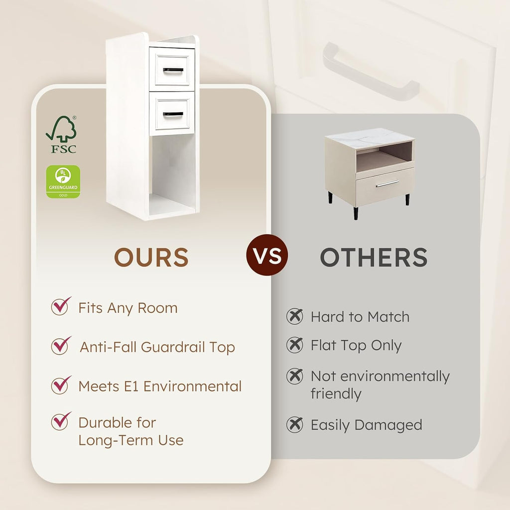 Narrow Nightstand Set of 2, Modern White Bedside Table with Drawers & Open Shelf, Modern End Table for Bedroom Small Spaces, Apartments, Renters