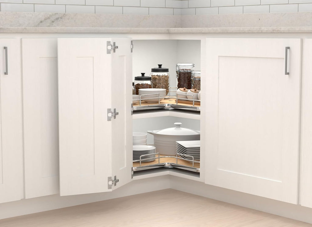 REV-A-SHELF 28' Maple Solid Bottom Kidney-Shaped Lazy Susan for Corner Base Cabinet w/Swivel Bearing