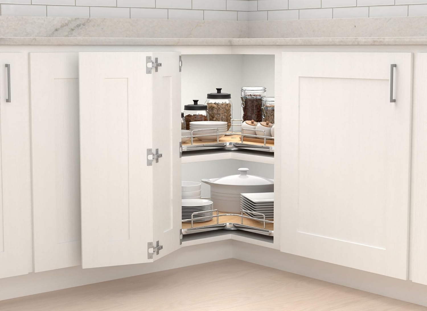 REV-A-SHELF 28' Maple Solid Bottom Kidney-Shaped Lazy Susan for Corner Base Cabinet w/Swivel Bearing