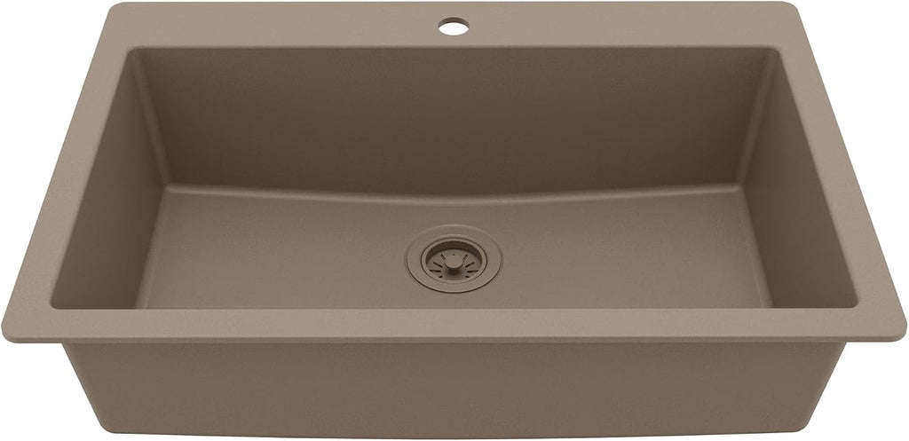 Karran 33' Drop-In Top Mount Quartz Composite Single Bowl Kitchen Sink in Concrete – Extra Deep 9' Basin, Heat Resistant, Sound Dampening, Easy Clean Surface