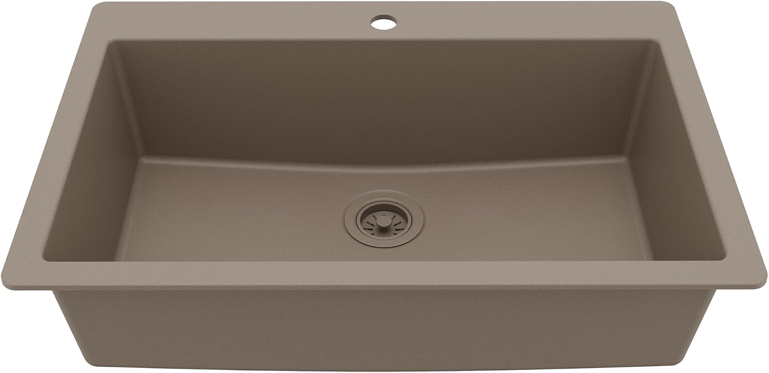 Karran 33' Drop-In Top Mount Quartz Composite Single Bowl Kitchen Sink in Concrete – Extra Deep 9' Basin, Heat Resistant, Sound Dampening, Easy Clean Surface
