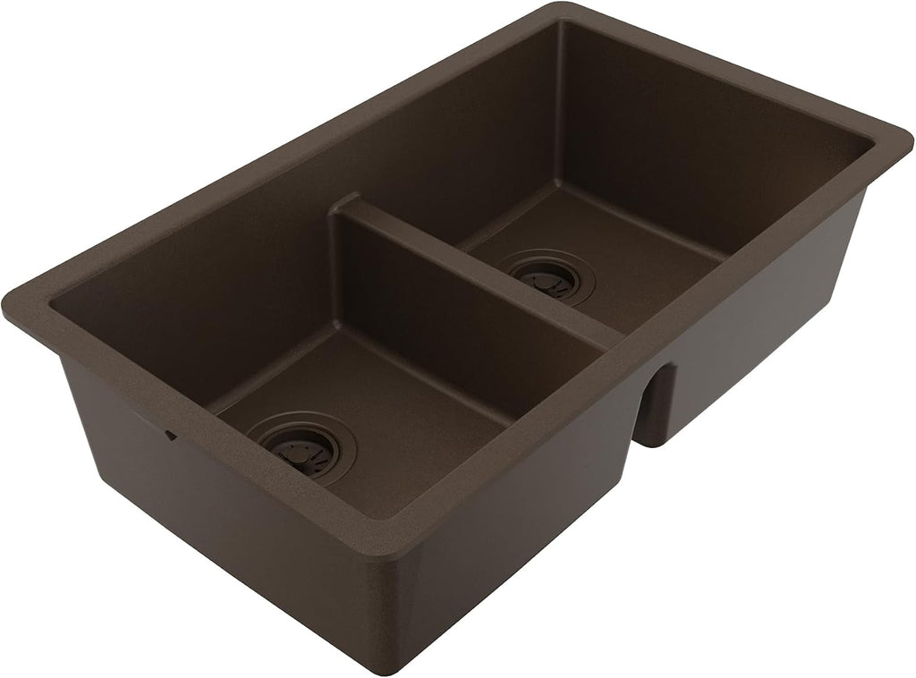 Karran 32' Brown Quartz Composite Undermount Double Bowl Kitchen Sink with Low Divider – 50/50 Equal Bowl, 80% Natural Quartz, 535°F Heat Resistant, Sound Dampening, QU-810