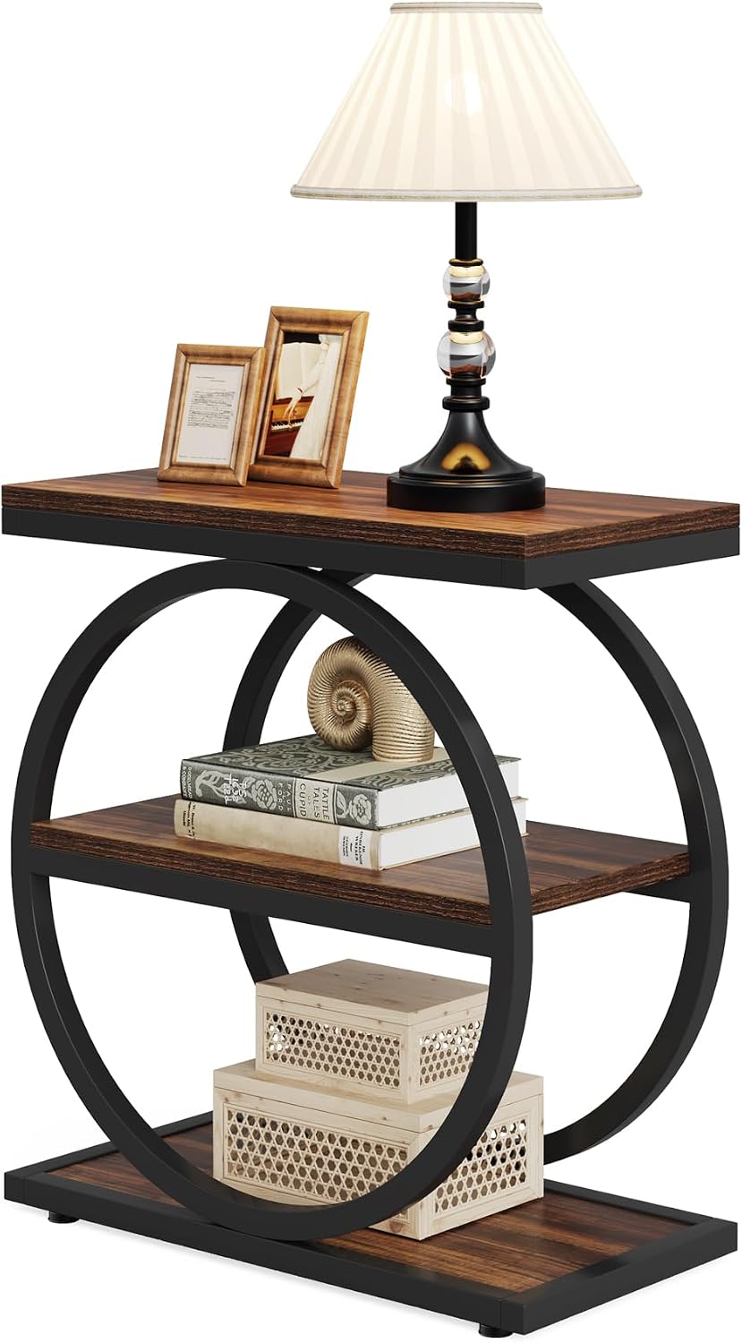 LITTLE TREE 3-Tier End Table Set of 2, Industrial Side Table with Storage Shelves, Small Sofa Side Table for Living Room, Wooden Side End Table with Round Metal Legs, Slim Nightstand and Bedside Table