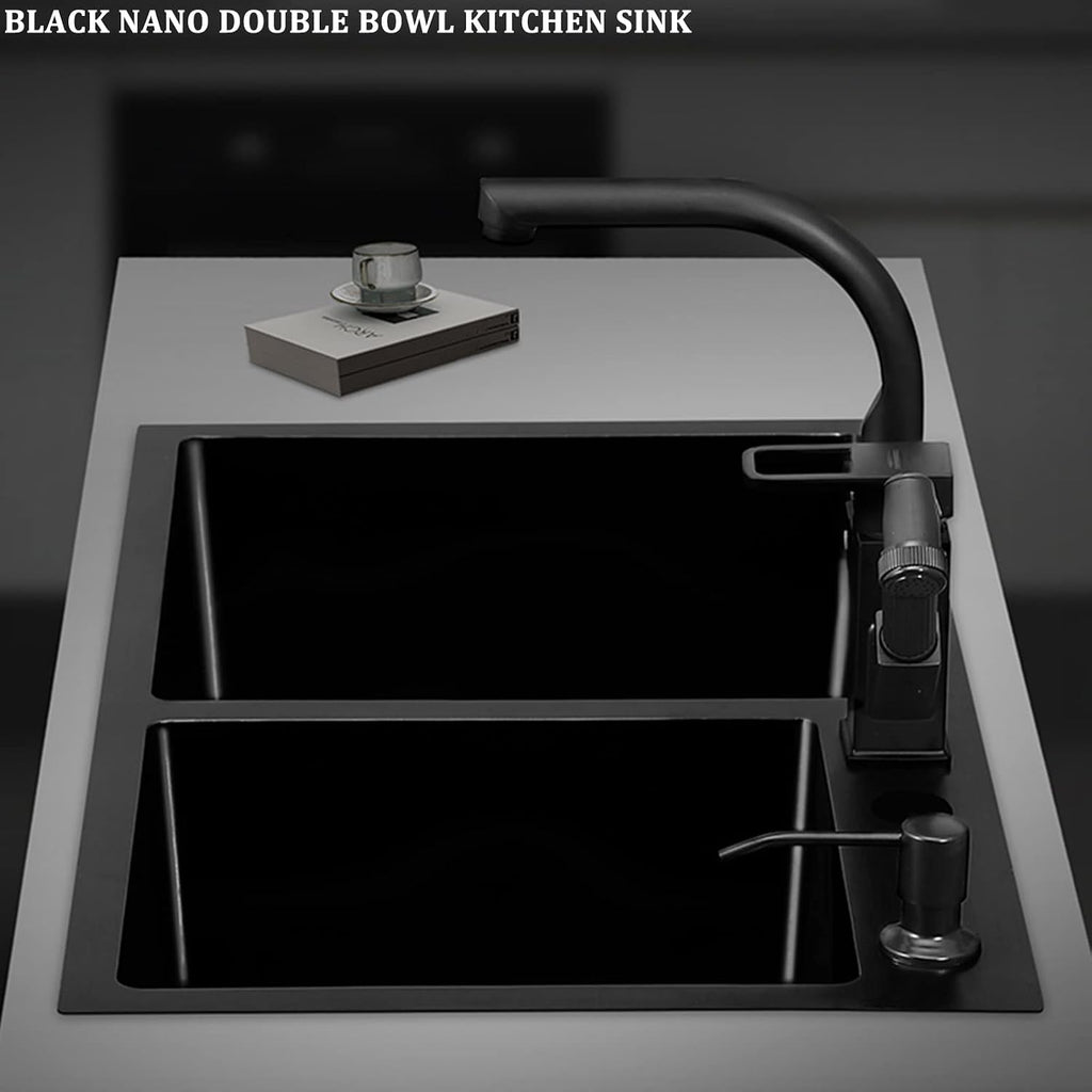 Matte Black Double Bowl Kitchen Sink 304 Stainless Steel Square Bar & Prep Sink RV Sink with Downpipe and Drain Top Mount Or Undermount (Color : Black, Size : 75x41x22cm)