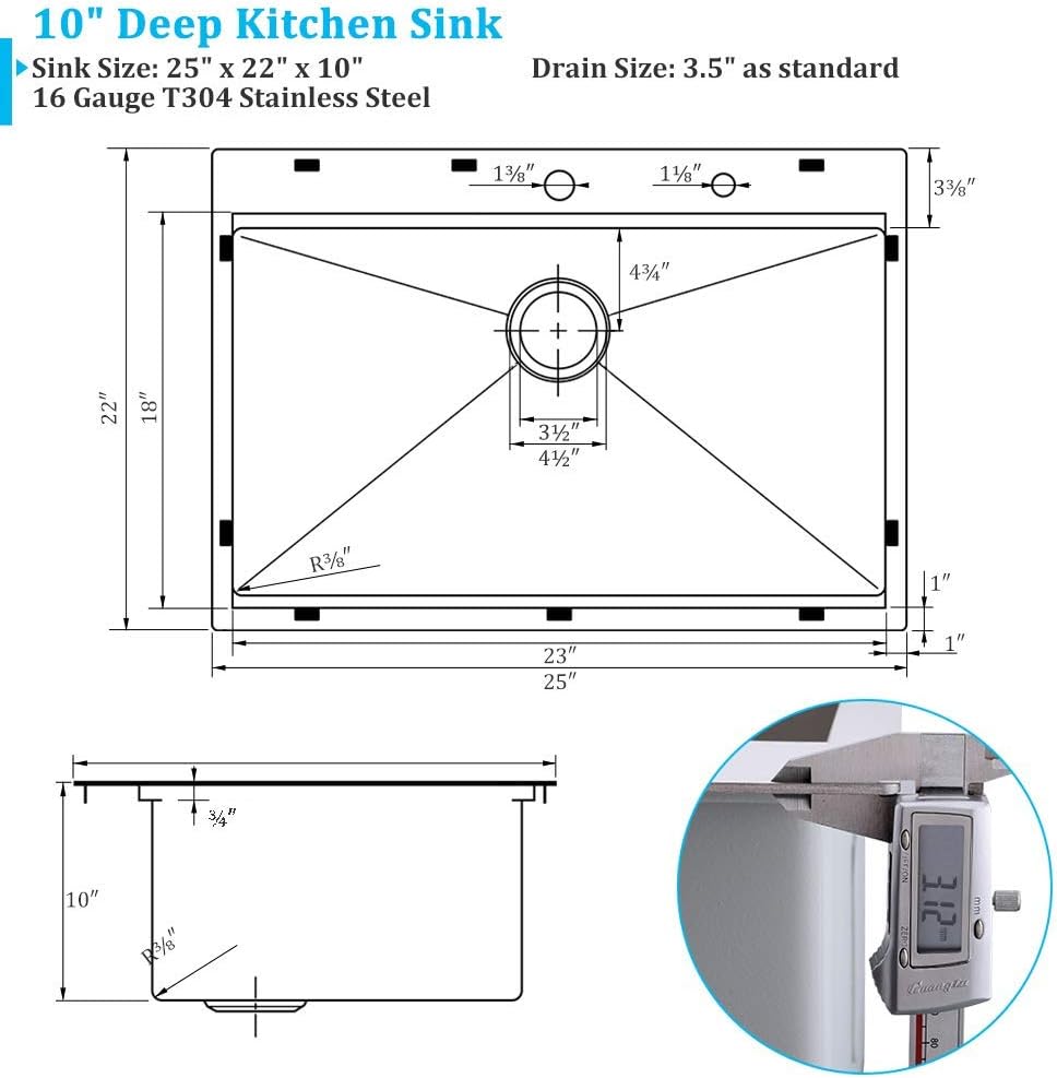 25 Inch Drop in Kitchen Sink Workstation, 25x22 Drop in Kitchen Sink Stainless Steel Single Bowl 16 Gauge Topmount Handmade Basin