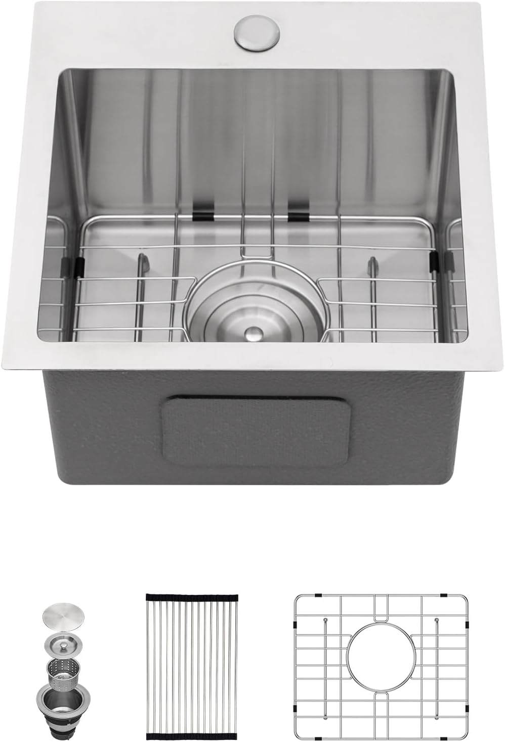 15'x 15' Drop In Bar Sink 16 Gauge Stainless Steel Handmade Contemporary Single Bowl Square Kitchen Sink Bar Prep RV Kitchen Sink Basin