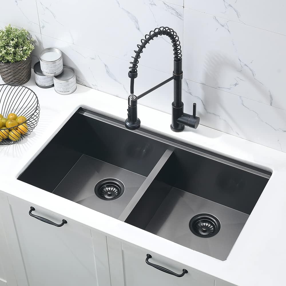 33 Inch Black Double Bowl Undermount Kitchen Sink Workstation-Bokaiya 33x19 Kitchen Sink Undermount 50/50 Double Bowl Sink 16 Gauge Black Stainless Steel Double Basin with Cutting Board