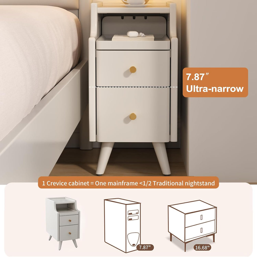 AQIMUELE Small Nightstand with Drawers, Solid Wood Bedside Table, Narrow Walnut Nightstand for Bedroom