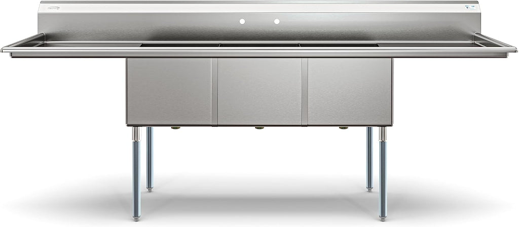 KoolMore 102 in. Three Compartment 18-Gauge Stainless-Steel NSF Commercial Kitchen Sink, Bowl Size 18x24x14, with Three Basins for Washing and Rinsing Dishes with Two Drainboards (KM-SC182414-24B3)