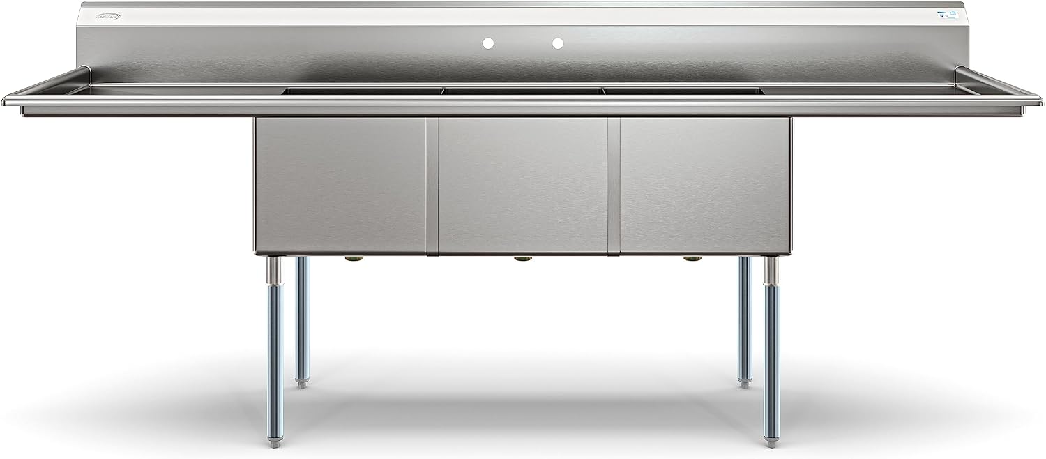 KoolMore 102 in. Three Compartment 18-Gauge Stainless-Steel NSF Commercial Kitchen Sink, Bowl Size 18x24x14, with Three Basins for Washing and Rinsing Dishes with Two Drainboards (KM-SC182414-24B3)