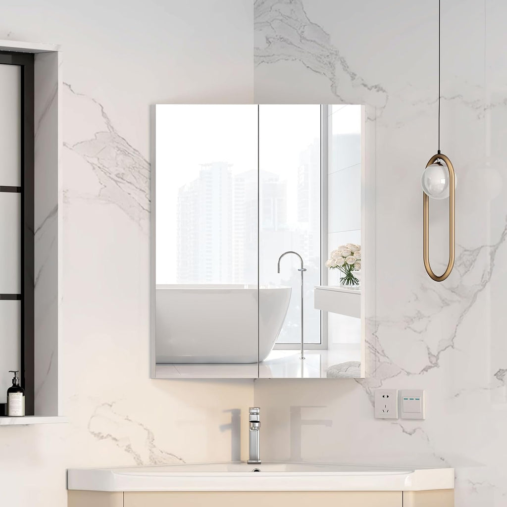 Corner Medicine Cabinet with Mirror,Bathroom Corner Mirror Cabinet with 2 Doors,Medicine Cabinet Wall Mounted for Small Space,2 Fixed Shelves,White,24' x18'