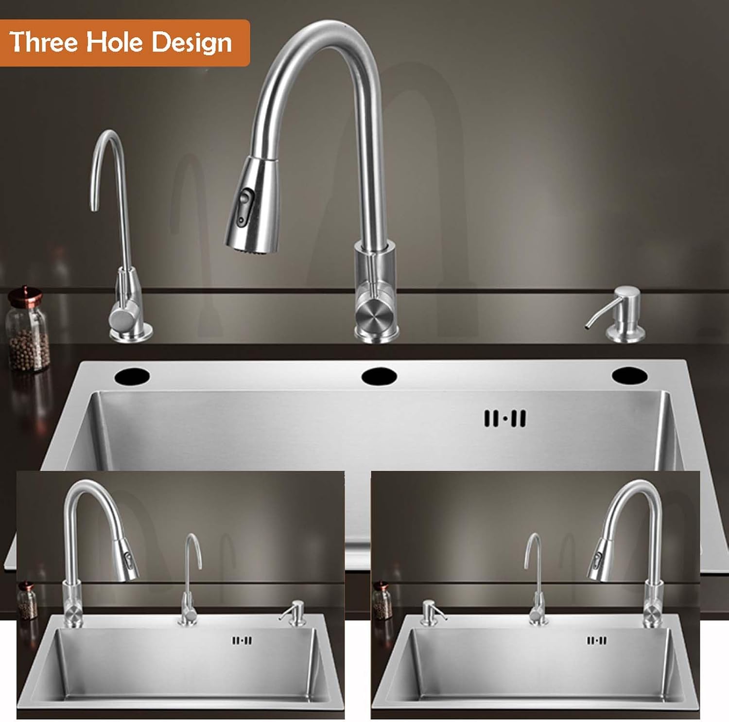 Workstation Kitchen Sink 72x45cm, Undermount 16 Gauge Stainless Steel Kitchen Sink, Drop in Single Bowl Kitchen Sink with Faucet, Soap Dispenser, Drain Bask(75x45cm