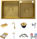 Gold Double Bowl Kitchen Sink, Stainless Steel Nano-Coated, Double Basin Sink, Drop-in Undermount with Gold Sink Stopper Drain Strainer 78 * 43cm