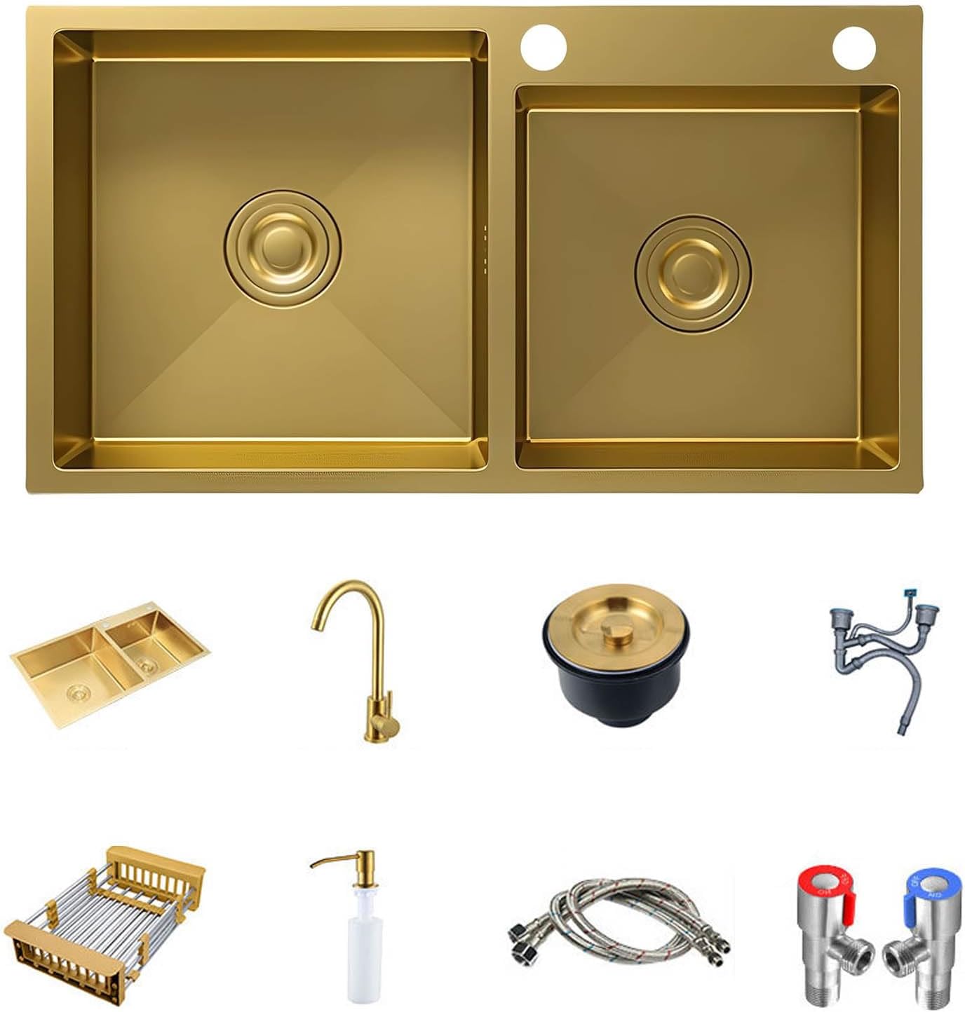 Gold Double Bowl Kitchen Sink, Stainless Steel Nano-Coated, Double Basin Sink, Drop-in Undermount with Gold Sink Stopper Drain Strainer 78 * 43cm