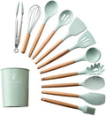 Silicone Cooking Utensil Set 12PCS Silicone Wood Turner Soup Spoon Spatula Brush Scraper Pasta Server Egg Beater Kitchen Cooking Tools Kitchenware-Green (Green)