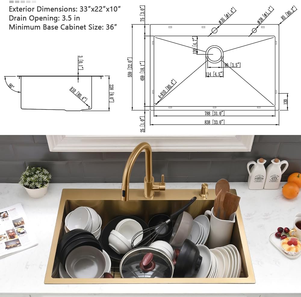 33 Inch Gold Drop In Kitchen Sink with Faucet Combo-VASOYO 33x22 Inch Gold Kitchen Sink with Faucet Combo Set Stainless Steel Deep Single Bowl Topmount Sinks and Faucets