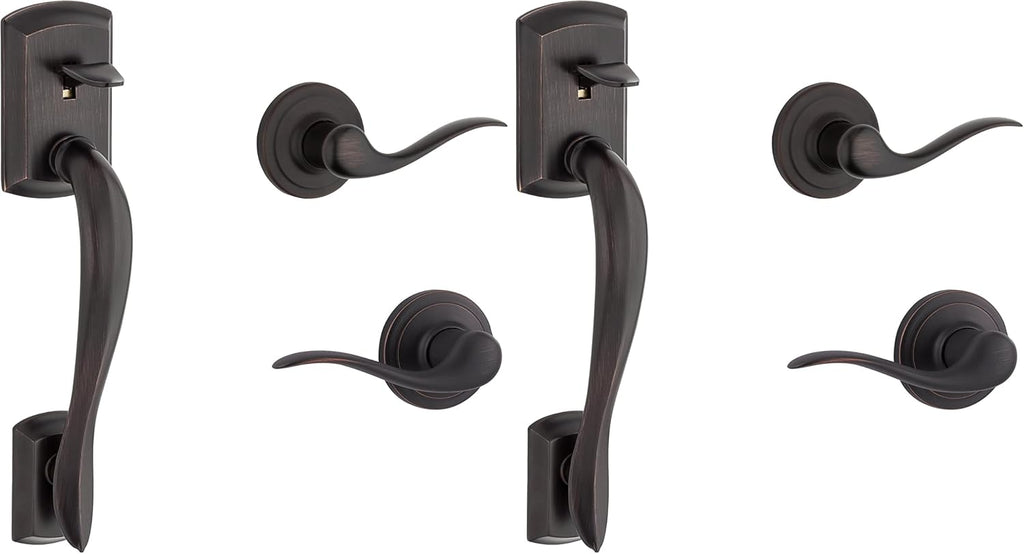 Kwikset Avalon Front Door Handle No Lock, Entry Handleset Exterior with Interior Reversible Handed Lever, Non-Locking, Venetian Bronze, Deadbolt Not Included, with Microban Protection (Pack of 2)
