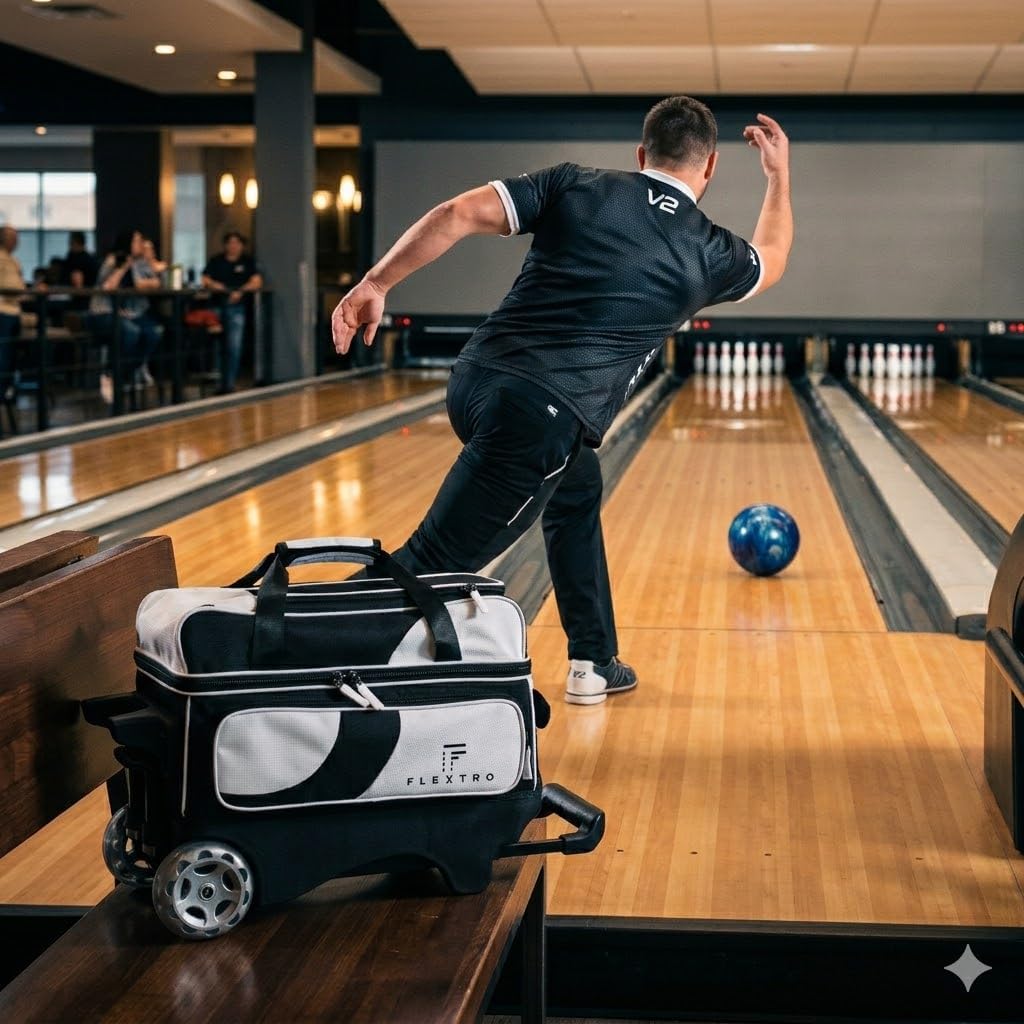 Flextro 3 Ball Bowling Bag with Wheels - Heavy Duty Rolling Bowling Bag for 3 Balls & Shoes - Premium Smooth Rolling System & Reinforced Frame