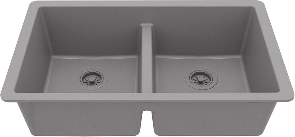 Karran 32' Grey Quartz Composite Undermount Double Bowl Kitchen Sink with Low Divider – 50/50 Equal Bowl, 80% Natural Quartz, 535°F Heat Resistant, Sound Dampening, QU-810