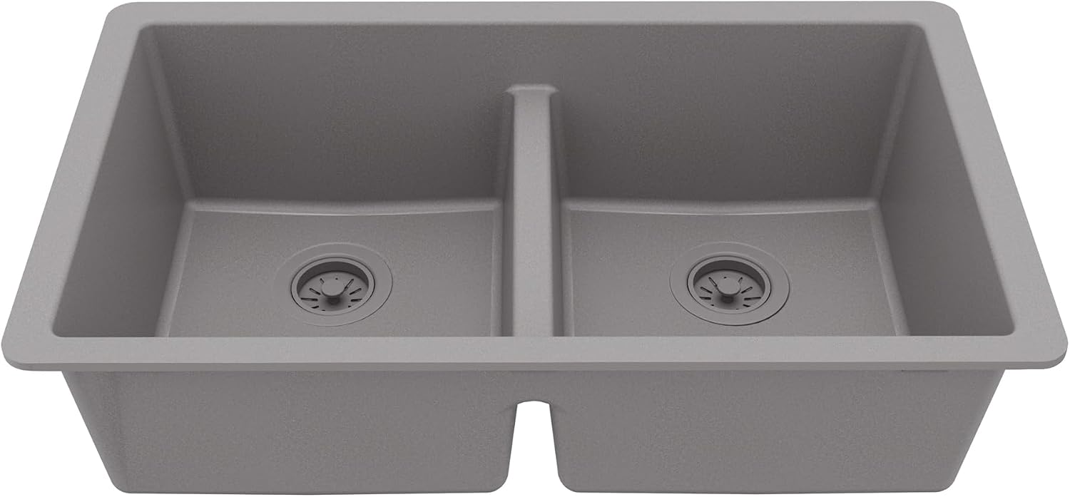 Karran 32' Grey Quartz Composite Undermount Double Bowl Kitchen Sink with Low Divider – 50/50 Equal Bowl, 80% Natural Quartz, 535°F Heat Resistant, Sound Dampening, QU-810