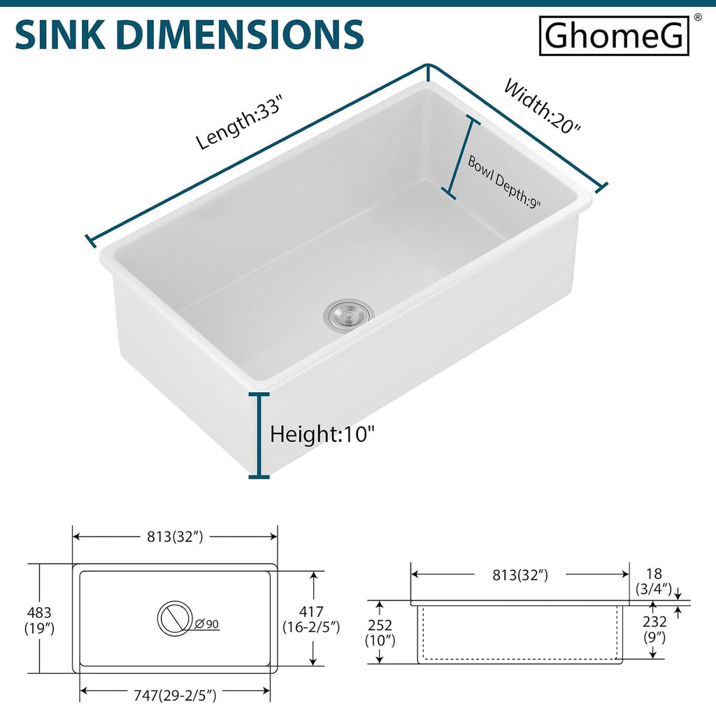32 White Undermount Kitchen Sink Porcelain 32x19x10 Inch Dual Mount White Single Bowl Ceramic Kitchen Sink - Brushed Drain Strainer