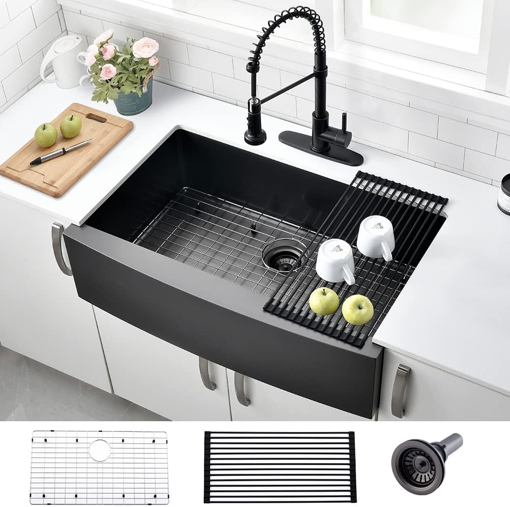 33 Inch Farmhouse Sink Black - VOKIM 33 x 22 Apron Front Farmhouse Sink Stainless Steel 16 Gauge Single Bowl Gunmetal Kitchen Sink