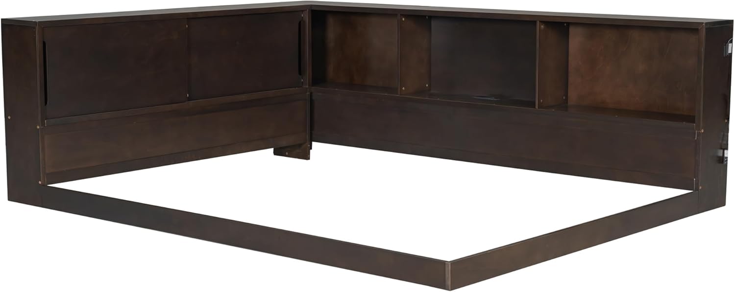 Merax Queen Size Daybed Frame with Storage Shelves for Kids, Teens or Adults, Wooden Corner Bed Sofa Bed with USB Ports and LED for Living Room or Bedroom, No Slat, Brown