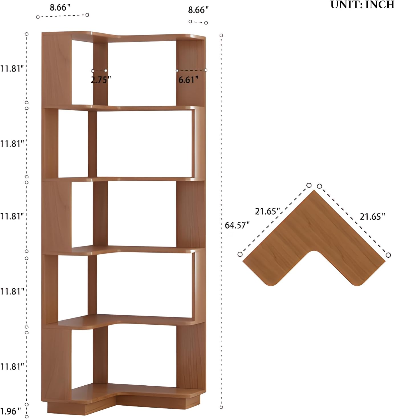 5 Tier Corner Bookshelf, Freestanding L-Shaped Wooden Bookcase with Open Shelves, Anti-Fall Panels and Anti-Tipping Device for Living Room, Bedroom, Home Office (Dark Oak)
