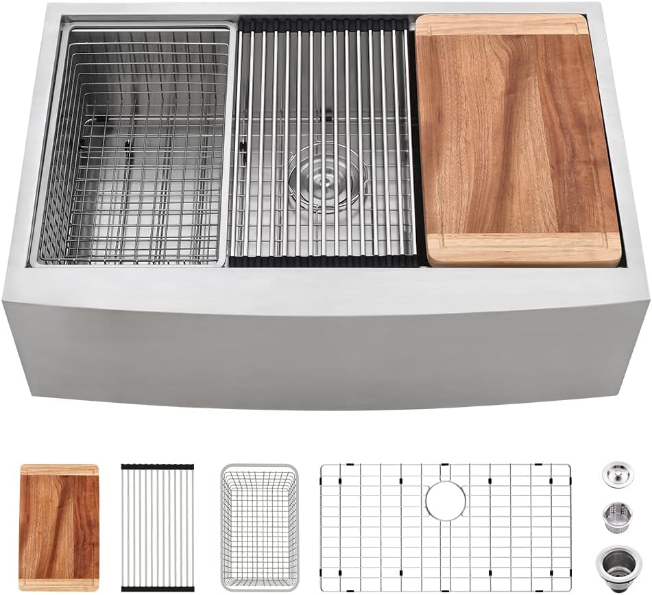 33 Inch Stainless Steel Farmhouse Sink-VASOYO 33 x 22 Farm Sink Apron Front Farmhouse Kitchen Sinks Workstation 16 Gauge 304 Stainless Steel Singe Bowl Deep Kitchen Sinks Farmer with Cutting Board