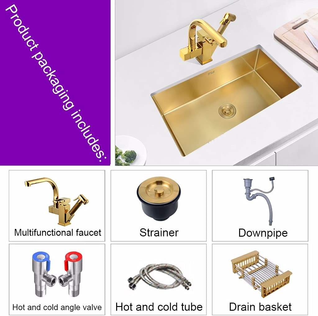 Kitchen Sink Single Bowl Counter Drop-in Or Undermount 304 Stainless Steel Sink with Multi-Functional Pull-Out Faucet and Drain Pipe (Color : Gold, Size : 50×45×21cm) (Gold 50×45×21cm)
