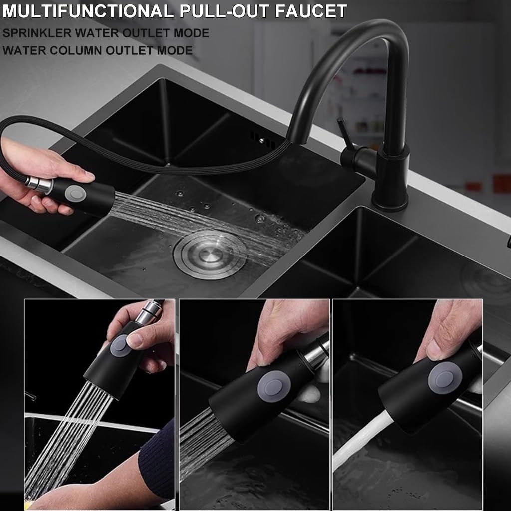 OM Black Double Bowl Kitchen Sink Stainless Steel Bar Sink Drop-in Workstation Sink with Pull-Out Faucet and Complete Accessory Set (Black-72x40x21cm