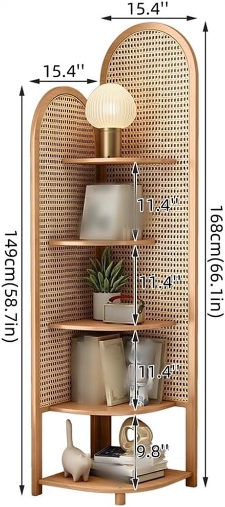 5 Tier Rattan Corner Shelf, Multi-Functional Corner Shelf, Corner Bookshelf, Triangular Rattan Shelf for Living Room, Bedroom(Brown)