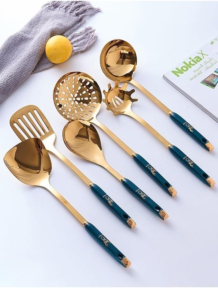 Kitchen Cooking Utensils Set, Stainless Steel Cooking Utensils Set with Holder, 7-Pieces Metal Kitchen Utensils, Kitchen Tools with Countertop Stand