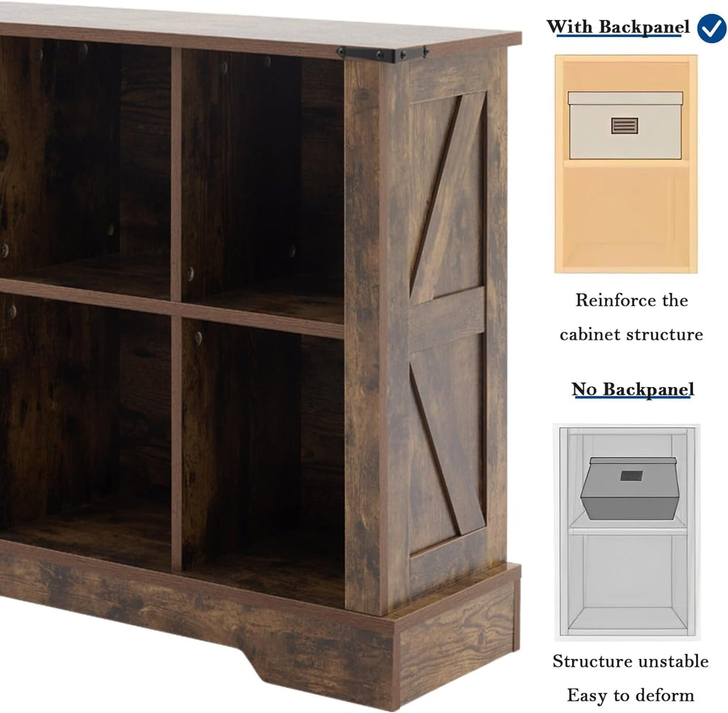 6 Cube Storage Organizer, 2 Tier Book Shelf with Led Lights, Farmhouse Book Shelves for Living Room, Horizontal Toy Storage Bookshelf, Wood Display Bookcase Cabinet for Bedroom, Office, Brown