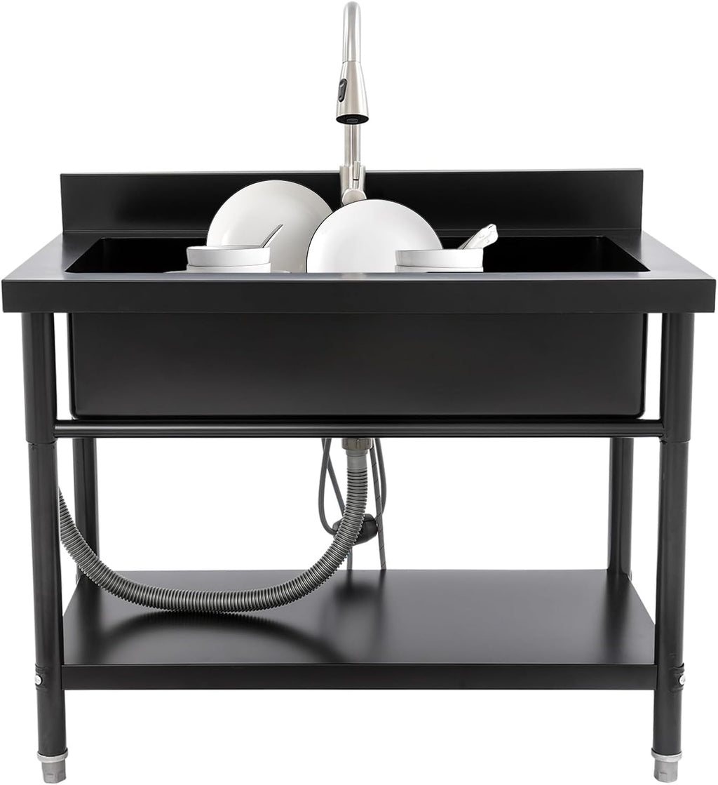 Stainless Steel Utility Sink, 33.46 * 18.11 * 9.84in Commercial Single Bowl Bar Sink Laundry Tub Culinary Sinks Freestanding Workstation Sinks with Pull-out Faucet for Restaurants Canteens kitchens