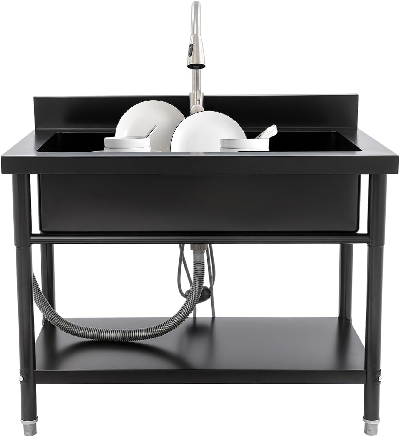 Stainless Steel Utility Sink, 33.46 * 18.11 * 9.84in Commercial Single Bowl Bar Sink Laundry Tub Culinary Sinks Freestanding Workstation Sinks with Pull-out Faucet for Restaurants Canteens kitchens