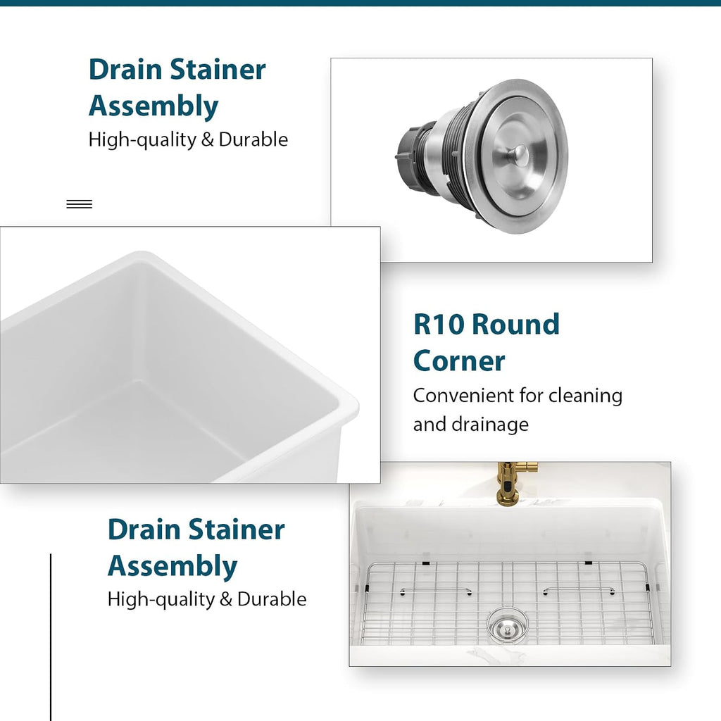 32 White Undermount Kitchen Sink Porcelain 32x19x10 Inch Dual Mount White Single Bowl Ceramic Kitchen Sink - Brushed Drain Strainer