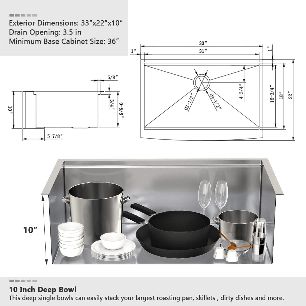 33 Inch Stainless Steel Farmhouse Sink-VASOYO 33 x 22 Farm Sink Apron Front Farmhouse Kitchen Sinks Workstation 16 Gauge 304 Stainless Steel Singe Bowl Deep Kitchen Sinks Farmer with Cutting Board