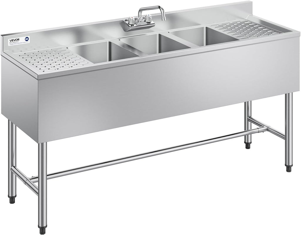 VEVOR 3 Compartment Sink, 18-Gauge 304 Stainless Steel, 10' x 14' x 10' Bowl Size, 3 Bay Commercial Under Bar Sink with Double Drainboard and Backsplash for Kitchen, Restaurant, Food Truck & Home Use