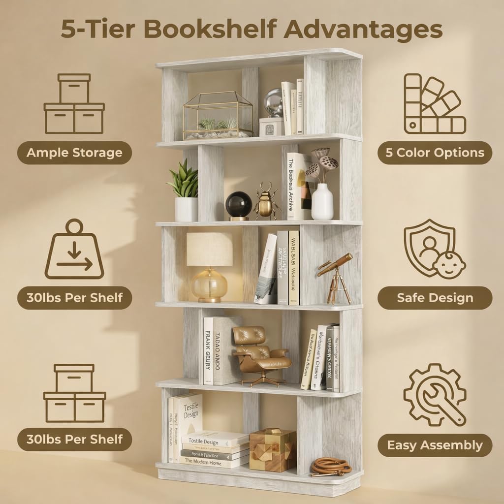 5-Tier Tall Bookshelf, Narrow Wood Bookcase, Light Gray | 64.56' freestanding open display shelf for books, décor, and storage in living rooms, bedrooms, or home offices
