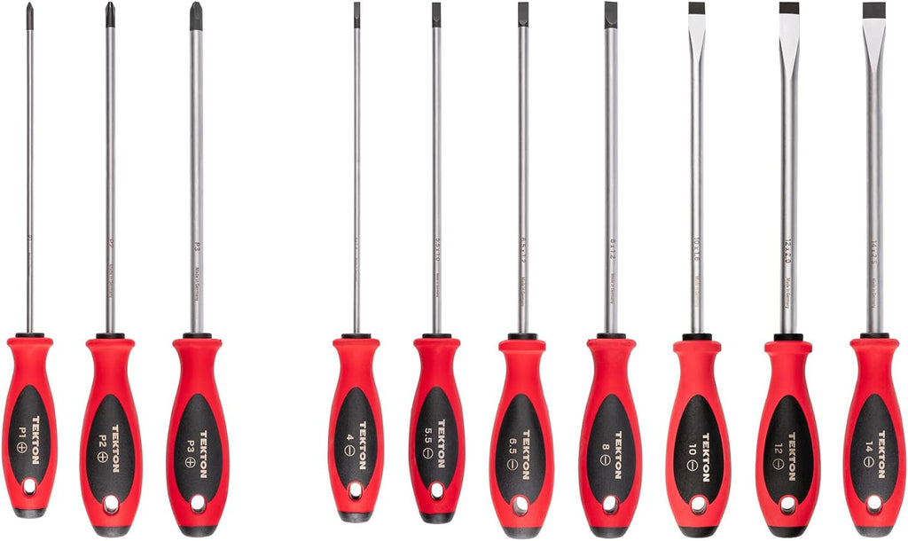 TEKTON Phillips and Slotted Screwdriver Set - 8 Inch Shanks, 10-Piece (#1 - #3, 4-14 mm) | DWZ90008