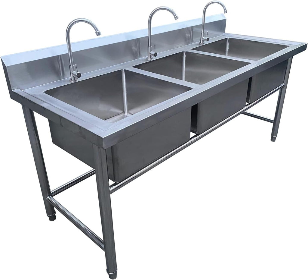 3-Compartment Commercial Stainless Steel Sink, Freestanding Triple Bowl Kitchen Sink, 59' L x 23.6' W x 31.5' H