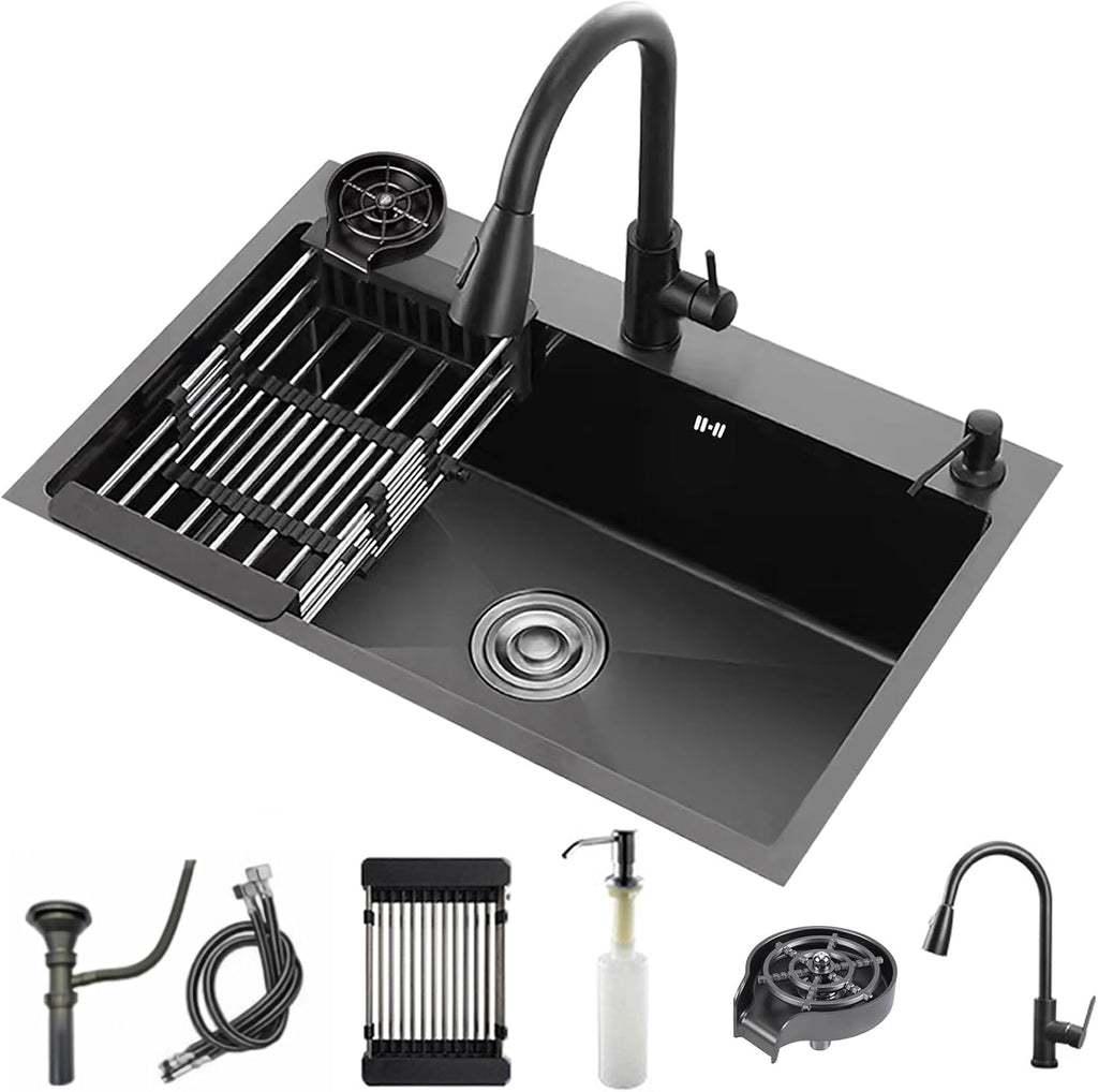 Black Kitchen Sink with Faucet, Top Mount/Drop-In 3 Hole Single Bowl Stainless Steel Sink with Cup Washer, Soap Dispenser, Drainage kit for Bar, Kitchen, Balcony (19.7 * 17.7in)