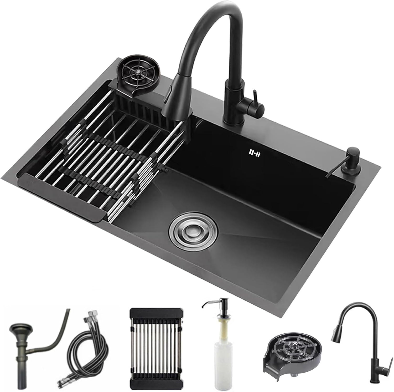 Black Kitchen Sink with Faucet, Top Mount/Drop-In 3 Hole Single Bowl Stainless Steel Sink with Cup Washer, Soap Dispenser, Drainage kit for Bar, Kitchen, Balcony (19.7 * 17.7in)