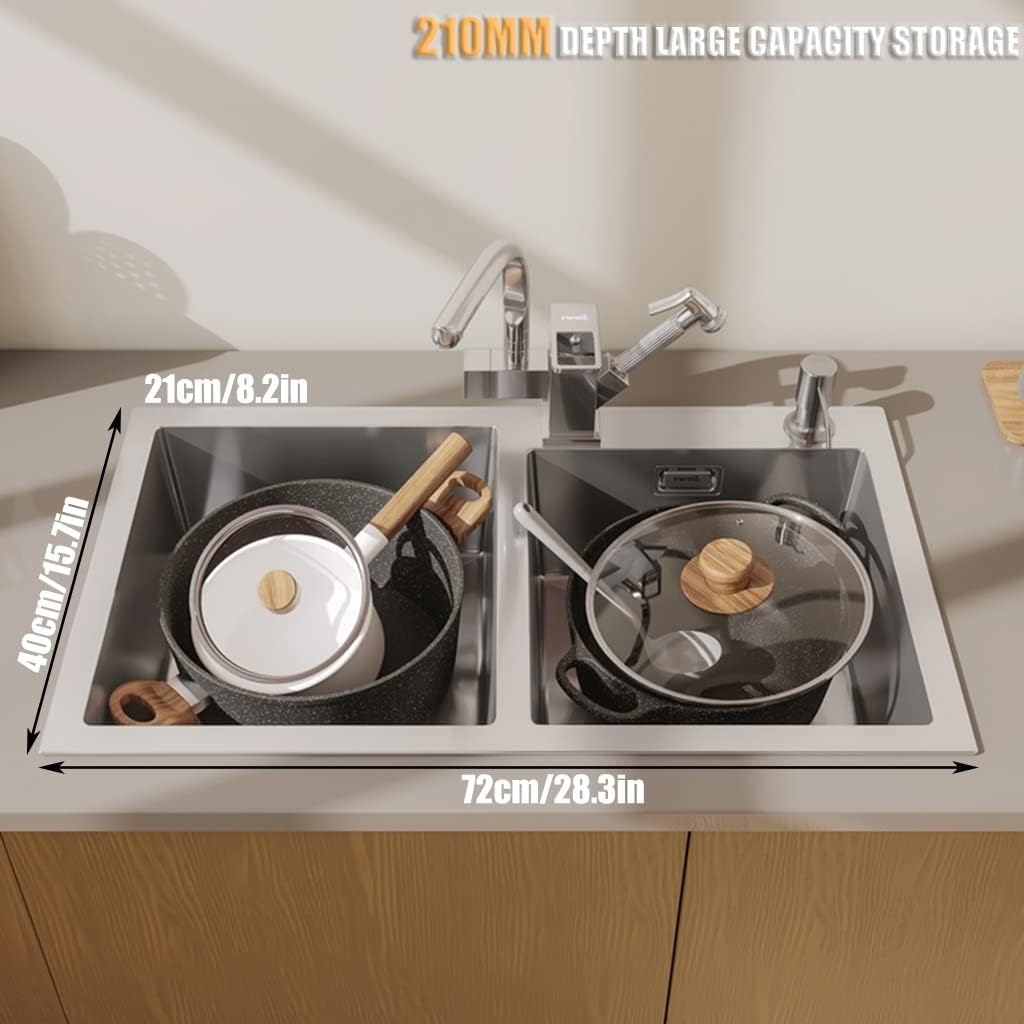 Brushed Double Bowl Kitchen Sink Prep Sink Rv Sink with Faucet & Drain Assembly Drop in or Undermount (D-72 * 40 * 21Cm