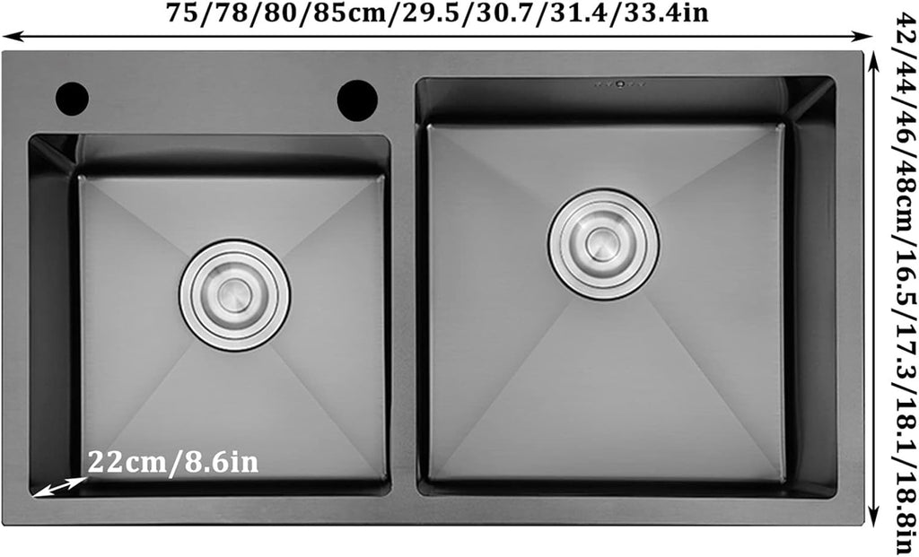 Black Double Bowl Kitchen Bar Sink 304 Stainless Steel Square Bar & Prep Sink RV Sink with Downpipe and Drain Top Mount Or Undermount (Color : Black, Size : 75x42x22cm)