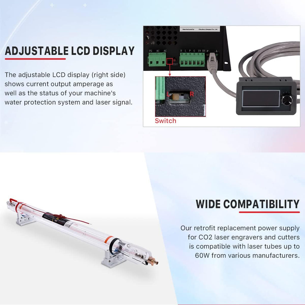 Cloudray 60W Co2 Laser Power Supply 110V for CO2 Laser Tubes Laser Engraver Cutter Engraving Machine MYJG-60W