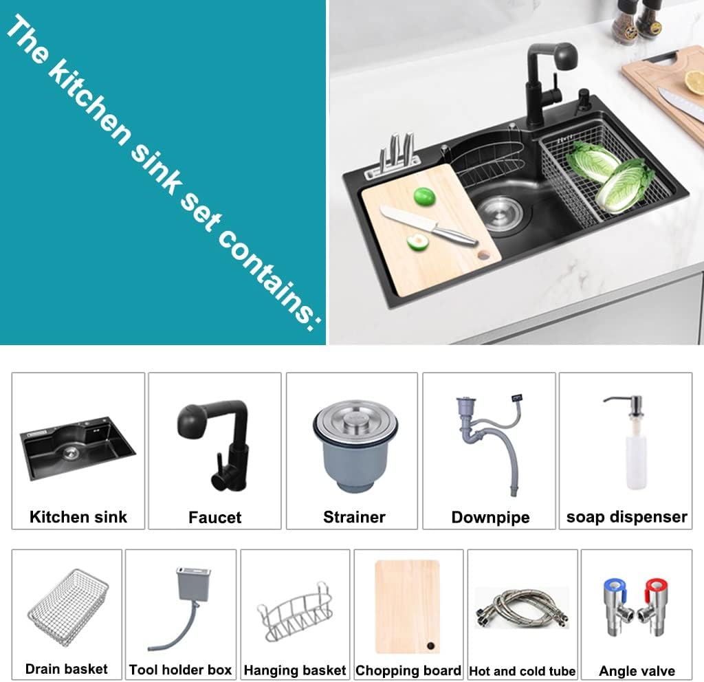 Single Bowl Bar Prep Kitchen Sink Stainless Steel Kitchen RV Sink Drop in Or with Pull Out Faucet & Drain Assembly (Black 78x48x22cm)