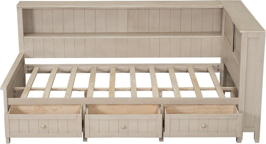 Merax Twin Size Daybed Frame with Storage Drawers and Shelves, Wood Twin Daybed with Headboard for Kids Teens, L-Shaped Corner Bed Twin Size for Guestroom Living Room, Apricot White
