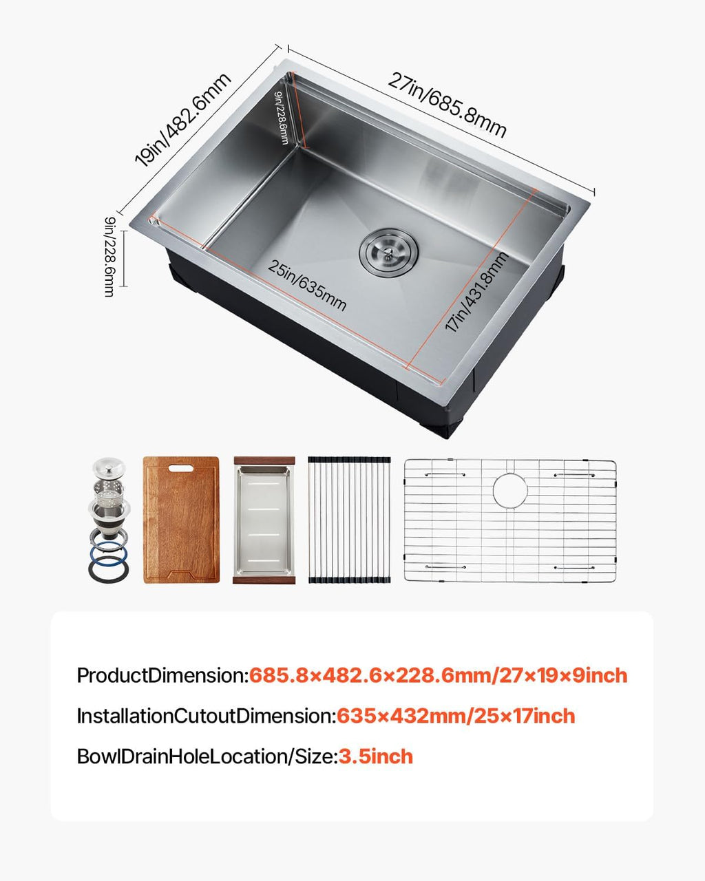 VEVOR 27 inch Kitchen Single Sink, 304 Stainless Steel Undermount Sink Drop-In Single Bowl Farmhouse Basin with Ledge & Multiple Accessories, Household Dishwasher Sinks for Prep Kitchen, Bar 27'*19'